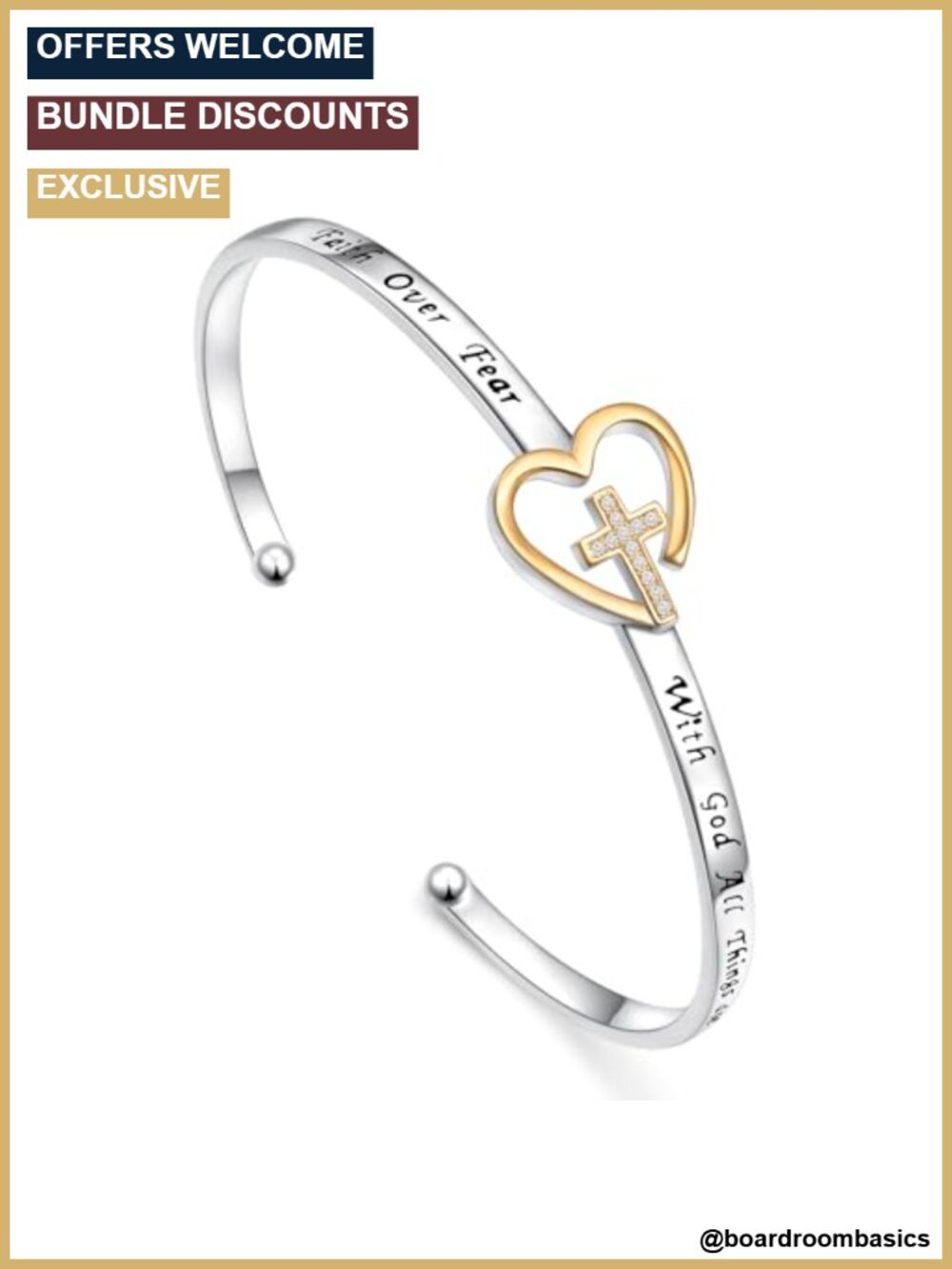 925 Sterling Silver Faith Over Fear Cross Cuff Bracelet Adjustable Bangle